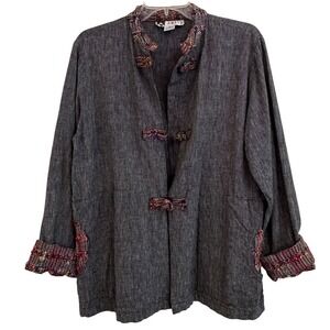 VTG Arise Cotton Woven Artisan Jacket Black White Multi Color Frog Closure M EUC